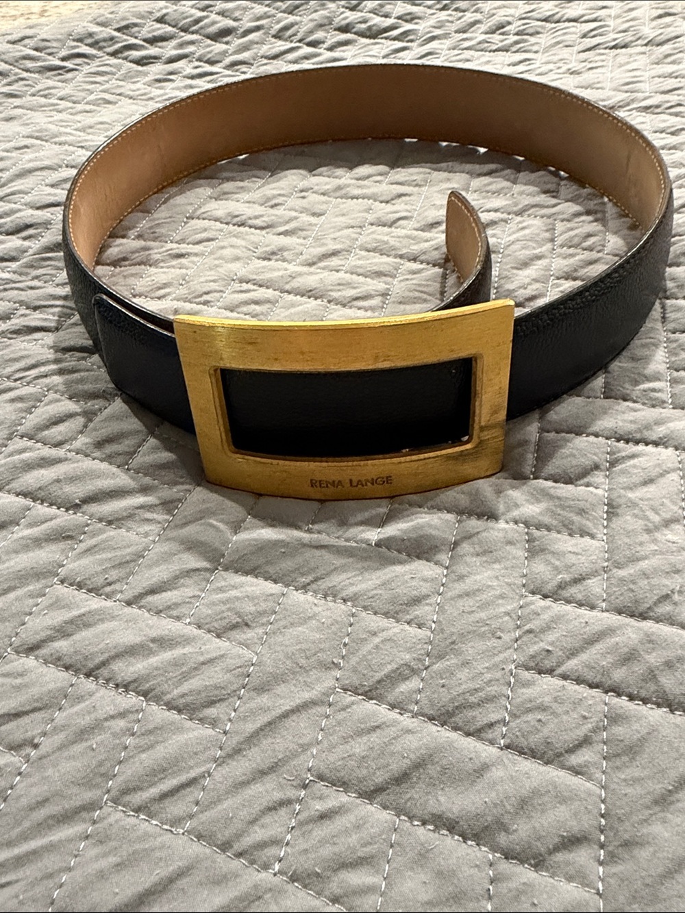 Rena Lange Black Leather Belt with Gold-Tone Rectangular Buckle